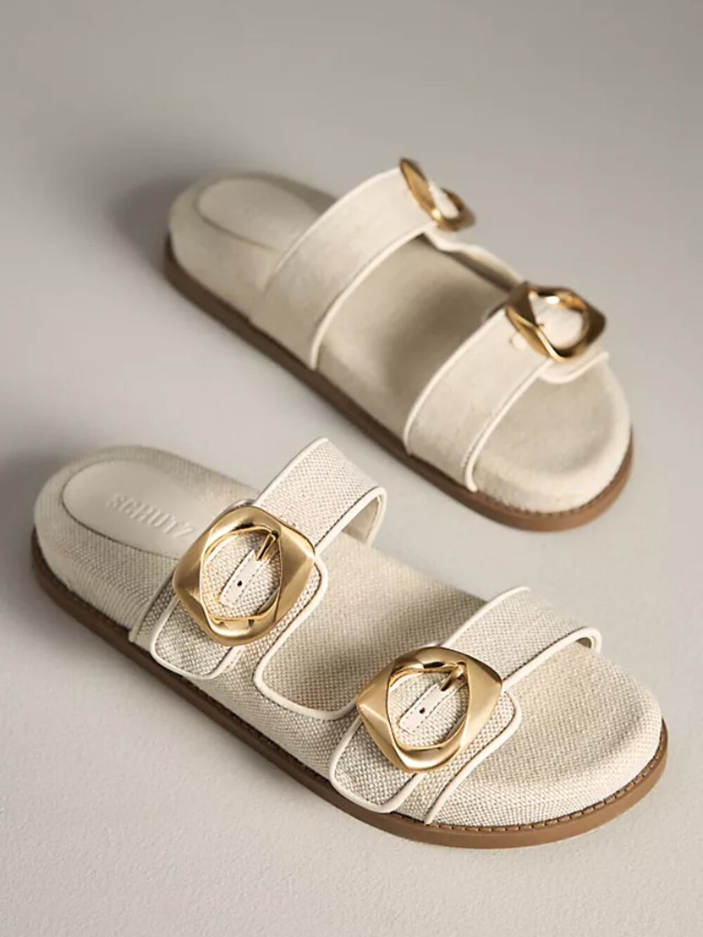 Schutz Olga Sporty Slide Sandals Beige Gold Buckle Flatform Size 11B NWOT